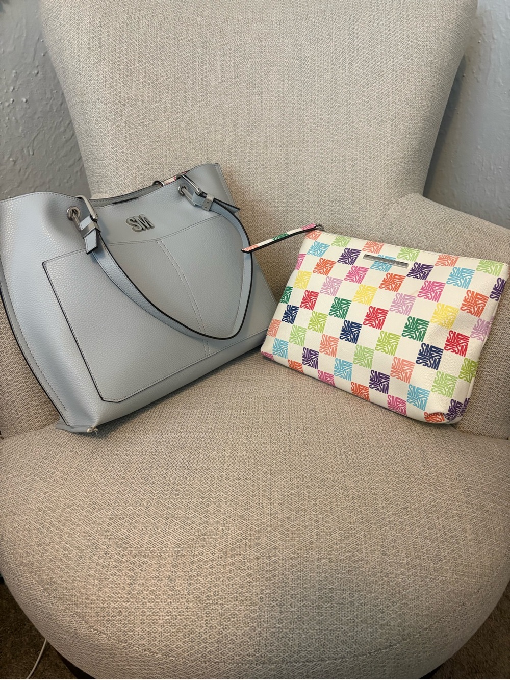 Steve Madden Light Blue Leather Tote with Multicolor Logo Pouch